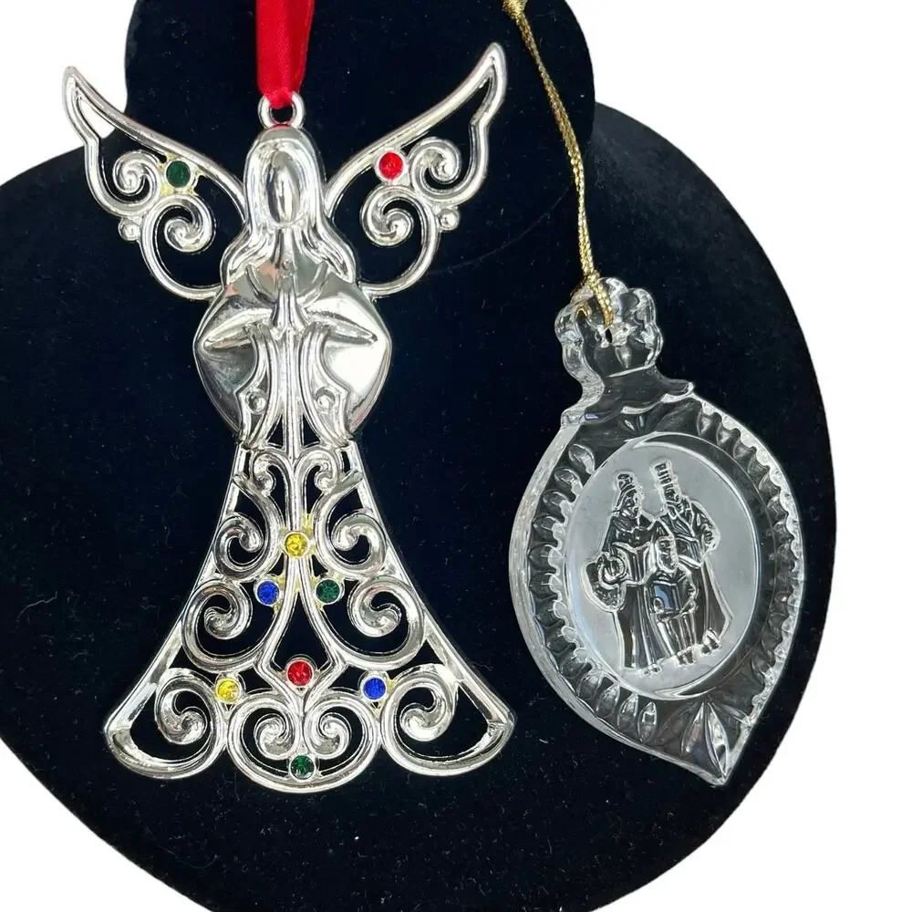 Lot of 2 Lenox Christmas Ornaments Silver Angel Etched Crystal Frosted‎ Carolers